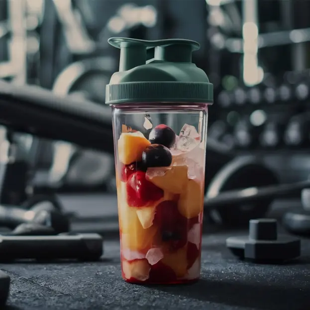 Eine mit Eis und verschiedenen Früchten gefüllte Shakerflasche steht auf dem Boden eines Fitnessstudios, umgeben von Hanteln und Trainingsgeräten im Hintergrund.